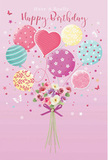 This illustrated birthday design captures the feeling of a joyful celebration taking place just off the busy streets of Plaistow, in a cosy living room filled with soft light. A bouquet of pastel balloons floats at the top of the scene, their strings and colours visually stitched to a small hand-tied bouquet of flowers below, creating one harmonious, uplifting shape. The balloons come in shades of gentle pink, minty green, lavender, lemon yellow and soft teal, each decorated with unique patterns: twirling candy stripes, lively polka dots, tiny blossoms and swirling lines that suggest movement. A heart-shaped balloon settles near the centre, its smooth curves and warm blush hue giving the arrangement a romantic, affectionate touch suited perfectly to a birthday. Beneath them rests a cluster of delicate roses and anemone-like blooms in creamy white, blush pink and muted mauve, their petals soft and layered, as though they have just been arranged and misted with water by a nearby florist. A violet satin bow ties the stems, catching the imaginary light like a little jewel. Around the main bouquet, tiny stars and whimsical butterflies float, as if a light breeze from Plaistow Park had swept through the design, scattering daydreams and birthday wishes. The background remains a soothing pastel pink, bathed in warm illumination that highlights the gloss of the balloons and the velvety texture of the petals. Altogether, the image conveys an atmosphere of airy sweetness and gentle excitement, evoking that moment when a birthday card is opened and the room seems to brighten with happiness.