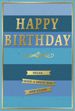 A stylish birthday card in soothing shades of blue and gleaming gold is shown upright, as if placed thoughtfully on a sideboard in a Plaistow home beside a fresh bouquet. The card's background is made of generous horizontal stripes, each a different tone of blue, blending from dark navy at the top through medium denim and teal into a lighter sky blue below. This subtle gradient evokes a calm, layered horizon, like watching the light shift over nearby Plaistow Park. Center stage, the message "HAPPY BIRTHDAY" is embossed in large, capital gold letters. The metallic finish is softly reflective, creating quiet sparks of light as you imagine the card being turned or caught by afternoon sunshine streaming through a window. Beneath the greeting, a decorative golden flourish curls in a balanced, symmetrical pattern, adding an air of classic refinement, almost like an old-fashioned invitation. Below this flourish lie three slim, horizontal gold banners, stacked neatly and each containing a portion of the friendly wish: "Relax, have a great day and enjoy!" The banners feel like little ribbons of reassurance, inviting the receiver to slow down and celebrate. A slim gold line traces the outer edge, framing the entire composition with a refined, finished touch. The combination of cool blues and warm metallic gold creates a mood that is both restful and celebratory, ideal for someone who appreciates thoughtful details. It is easy to imagine this card accompanying a same-day birthday flower delivery in Plaistow, bringing a soothing, heartfelt note to the occasion.